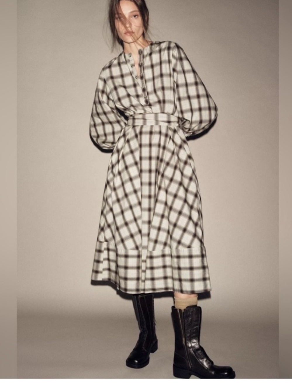 Zara Plaid Belted Midi Dress